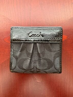 Coach Black Signature Canvas Wallet with Patent Leather Trim